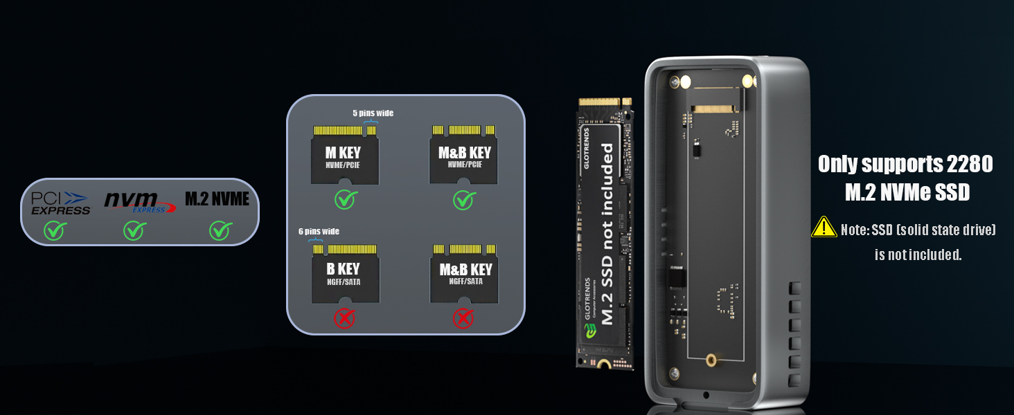 Text reads 'M.2 NVMe SSD'. Multiple technical diagrams showing compatibility icons and specifications for an M.2 SSD mounting system with support for 2230 form factor drives, displaying green checkmarks and red X indicators for different configurations.