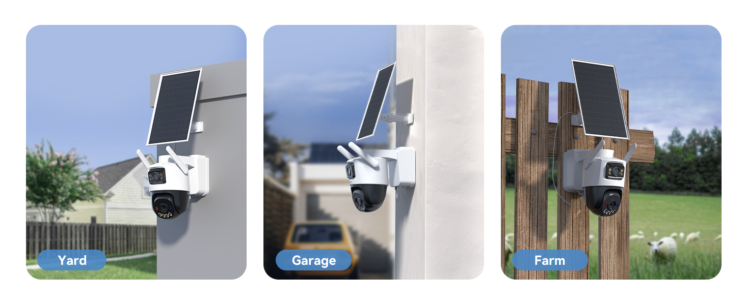 Text reads '5MP+5MP', 'ADV Mode', 'IP65'. Technical product infographic showing security camera features including night vision, outdoor usage, and surveillance capabilities.