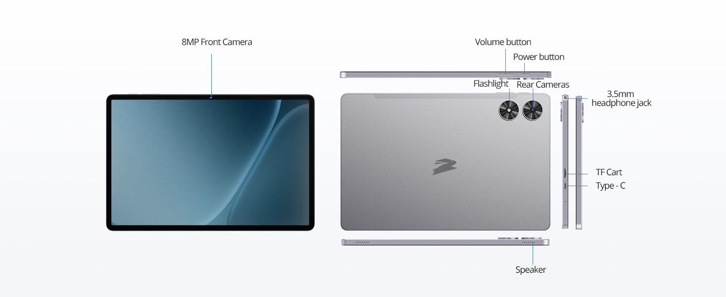 Technical diagram showing multiple views of a tablet or mobile device, including front view displaying screen and rear view showing dual camera system with measurements.