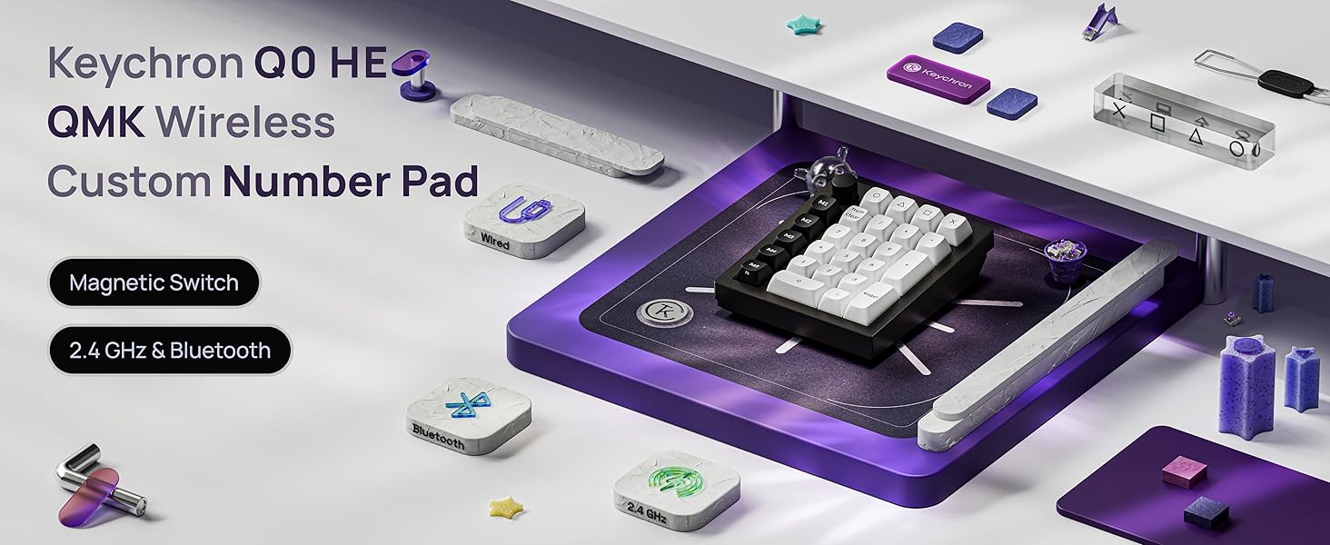 Text reads 'Keychron Q0 HE+, OMK Wireless Custom Number Pad, Keyboard Switch' with 'Adaptive Switch' label visible. Purple mechanical keyboard number pad with white switches and keycaps displayed with components.