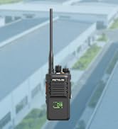 Two black handheld two-way radios or walkie-talkies shown against a blue-tinted background.