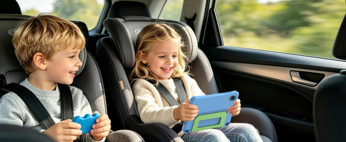 Two young children sitting in car backseat wearing seatbelts, holding drinks and snacks during car travel.