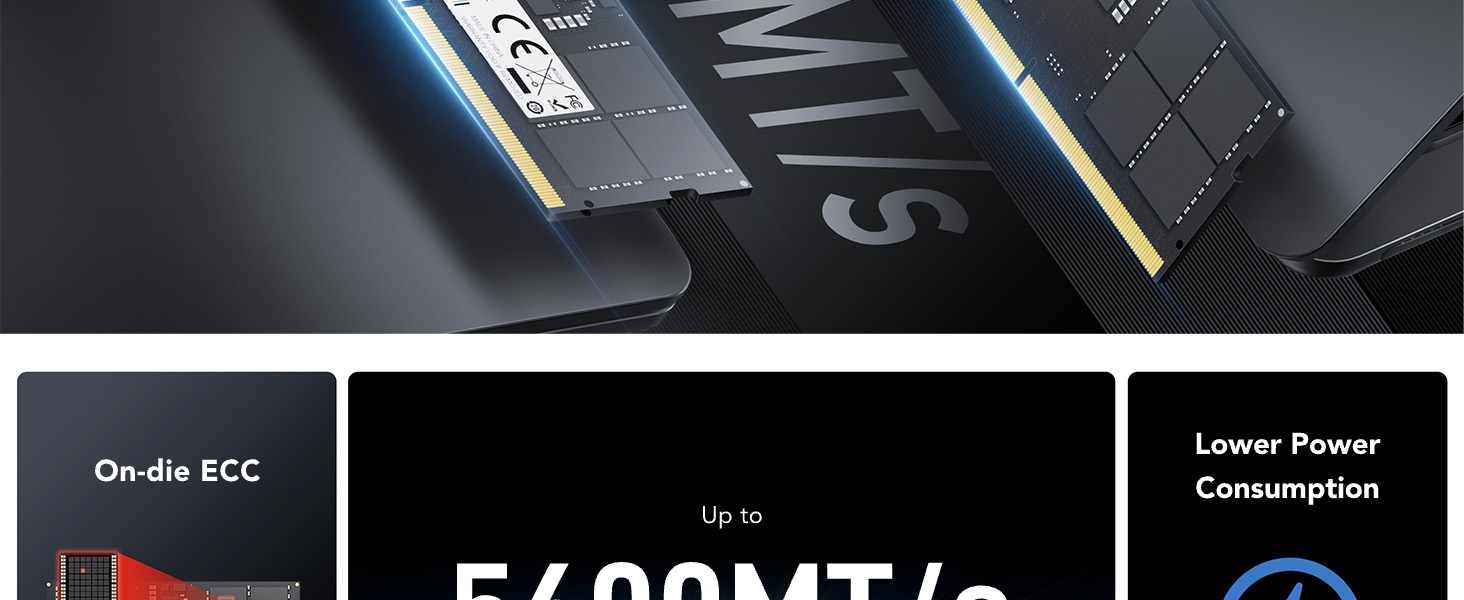 Lexar DDR5 SODIMM laptop memory module, showcasing next-generation performance for enhanced computing power in a sleek, dark design.