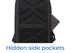 Text reads 'Hidden side pockets'. Black protective case or cover shown from multiple angles, featuring geometric pattern design and concealed storage compartments.