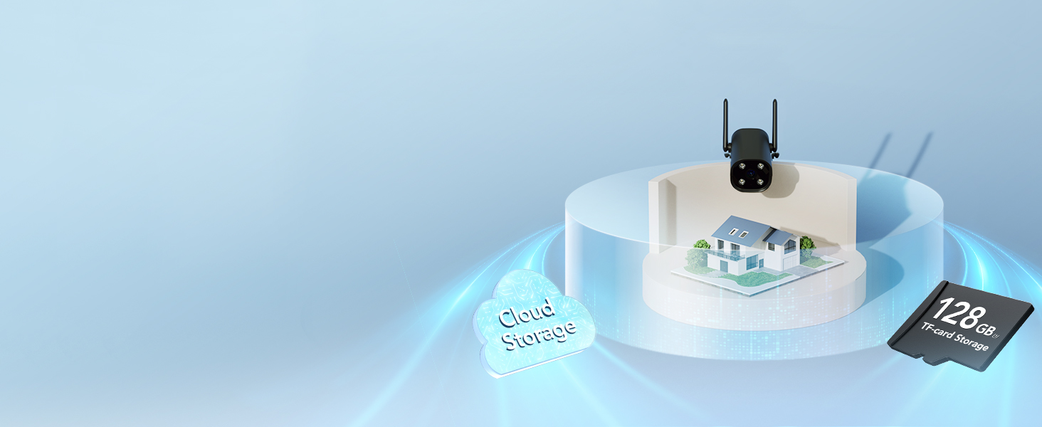 White circular display stand with security camera, surrounded by blue holographic-style projection showing text and icons.