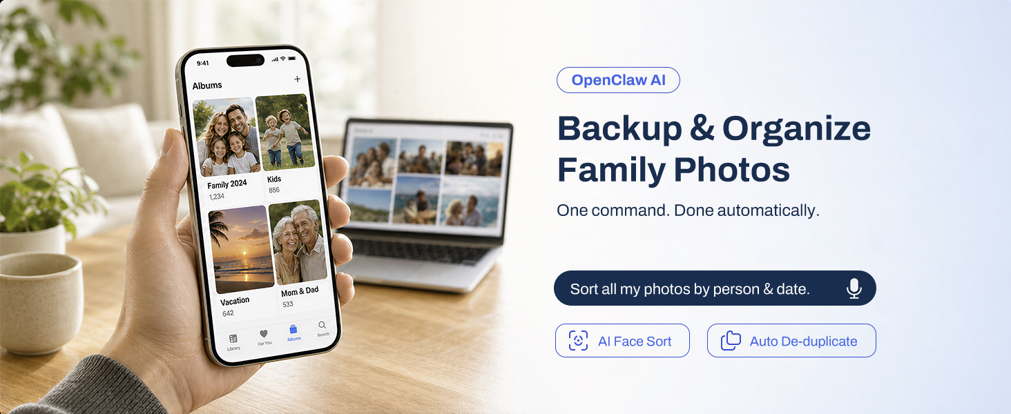Text reads 'Backup & Organize Family Photos' with 'Free personal cloud storage'. Smartphone displaying photo backup interface next to laptop and tablet showing synchronized photo organization across devices.
