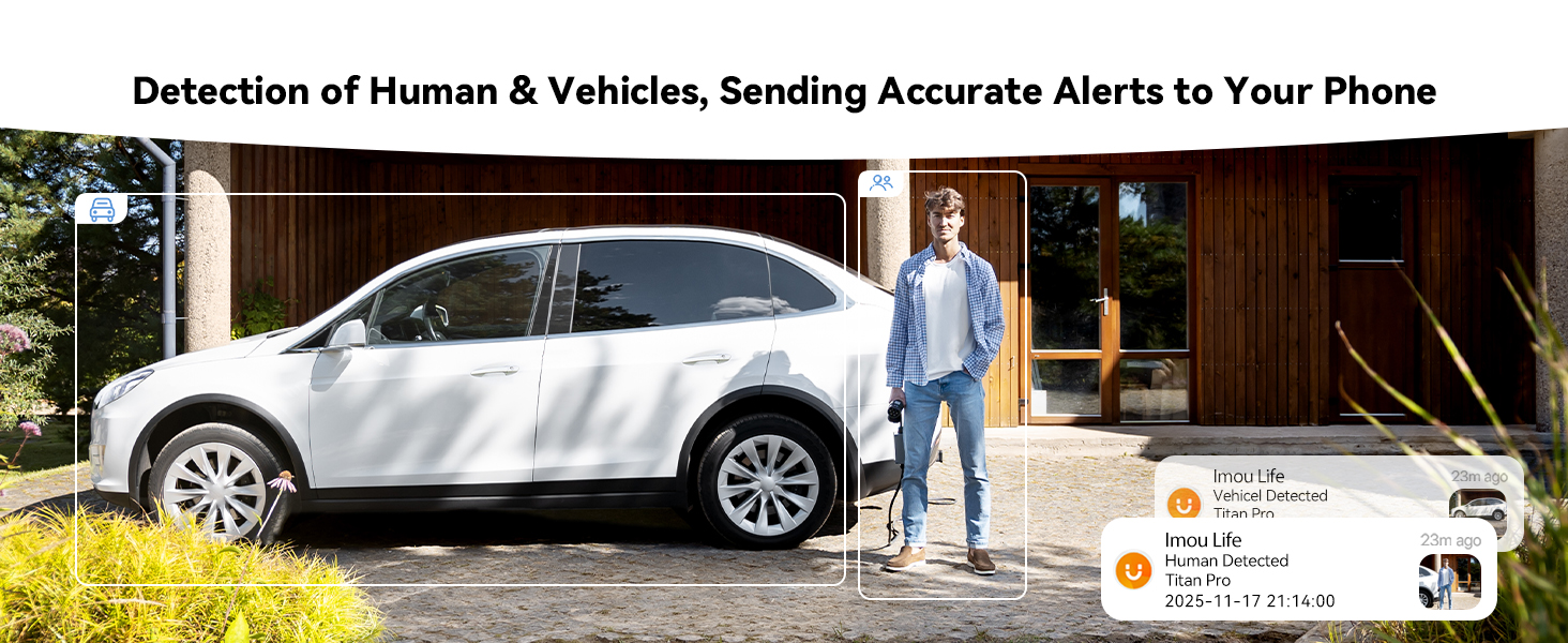 Text reads 'Detection of Human & Vehicles, Sending Accurate Alerts to Your Phone'. Series of surveillance images showing vehicle and movement detection with mobile alert notifications.