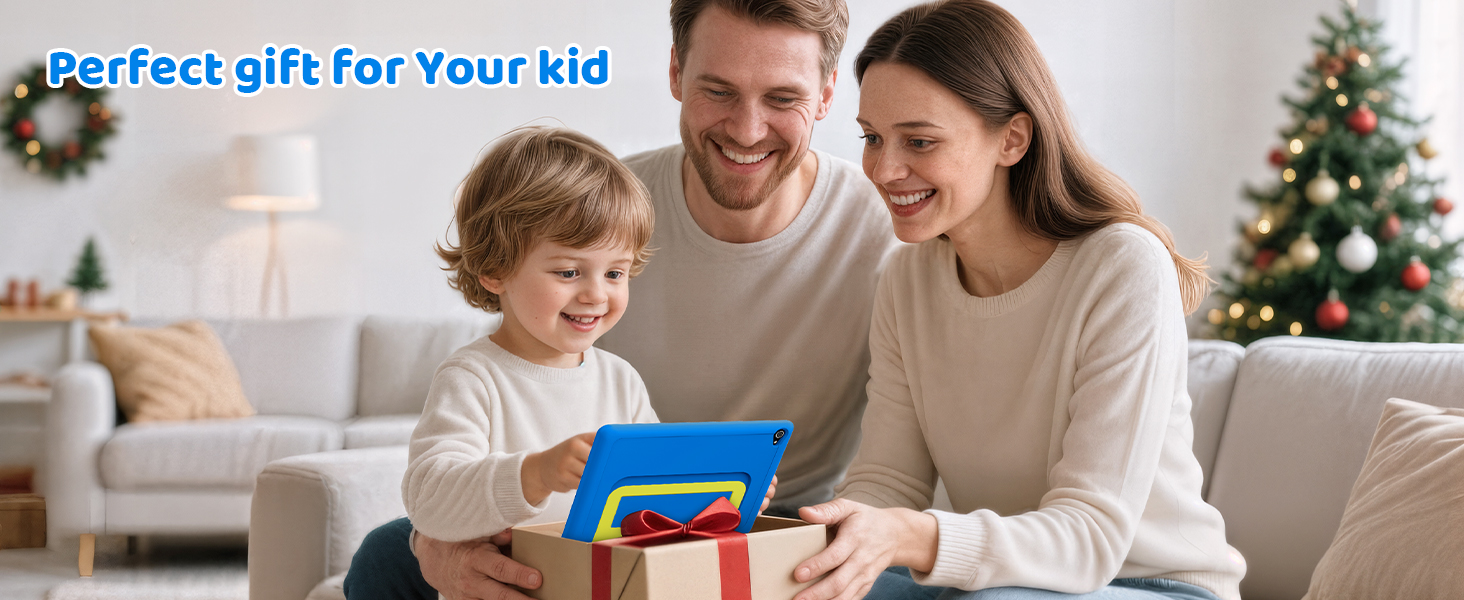 Text reads: 'Perfect gift for Your kid'. Family scene in living room with Christmas tree, opening gift together.