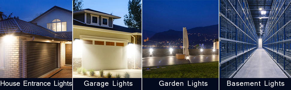 Four exterior lighting scenarios labeled: House Entrance Light, Garden Lights, Basement Lights. Each shows illuminated residential building exteriors at dusk.