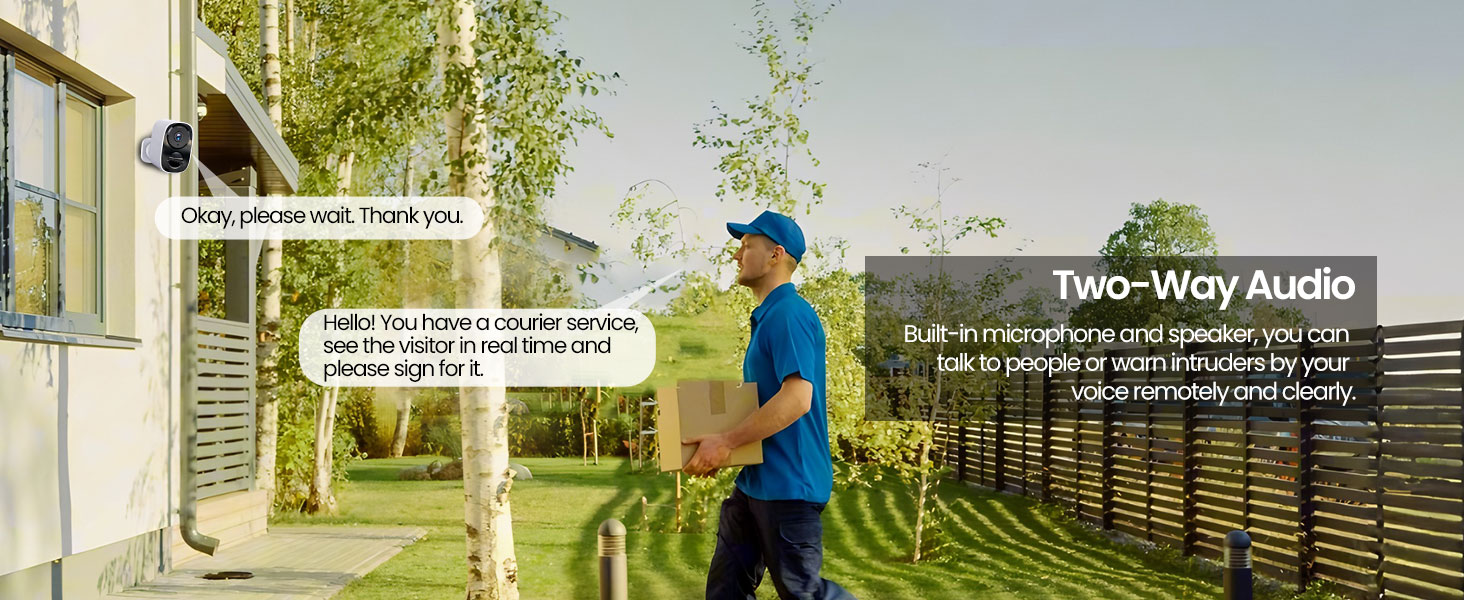 Text reads 'TWO-WAY AUDIO'. Marketing image showing outdoor security camera usage scenarios with green lawn and fence background.