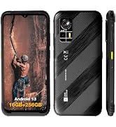Text reads '1000mA' and 'Android 14'. Rugged black smartphone with protective casing shown from front and back angles.