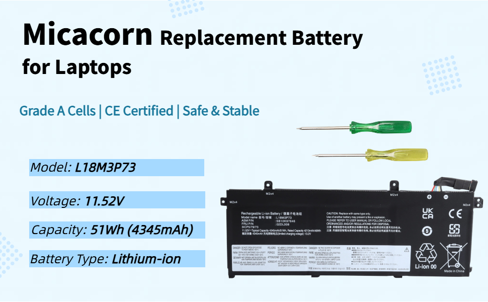 Text reads 'Micacorn Replacement Battery for Laptops', 'Grade A Cells | CE Certified | Safe & Stable', 'Model: L18M3P73', 'Voltage: 11.52V', 'Capacity: 51Wh (4450mAh)', 'Battery type: Lithium-ion'. Laptop battery with specification details and color-coded connectors displayed.
