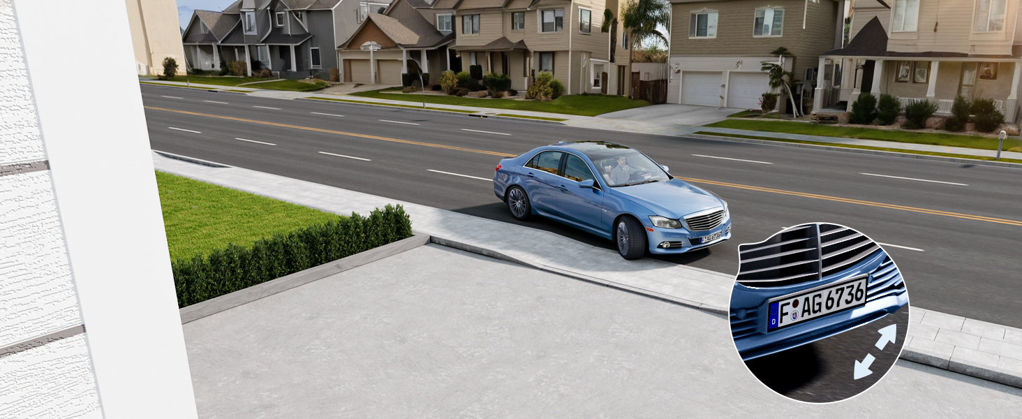 Suburban street view with parked car. Inset shows zoomed detail of license plate, emphasizing clarity of vehicle identification.