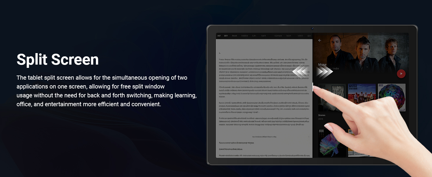 Text reads: 'Split Screen'. Dark background showing split-screen interface demonstration with hand pointing at tablet displaying two simultaneous content panels side-by-side.