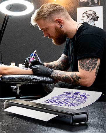Text reads 'TATTOO TRANSFER PAPER 50 Sheets' on navy circular badge. Product packaging shows sheet stack with purple floral design illustration and instruction icons displayed.