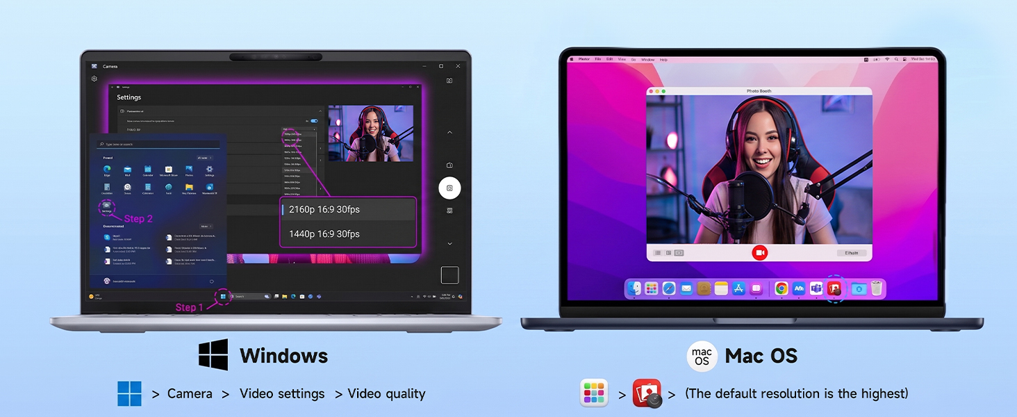 Text reads '4x' and 'Ideal 10x Magnification' with 'Zoom in on details, wildlife sightings or sharing, visible in high definition.' Two laptop screens displayed side-by-side showing video editing software interface on left and streaming content on right. Windows and Mac OS logos visible.