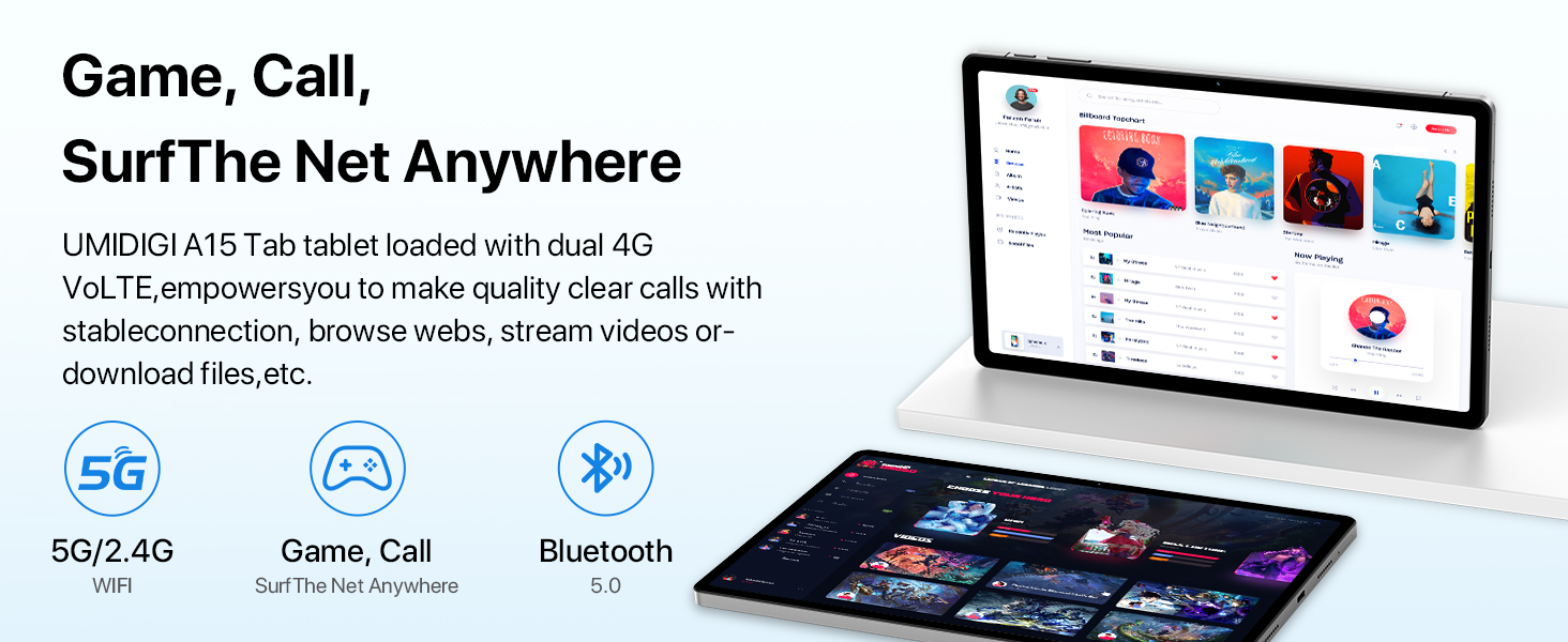 Tablet advertisement showcasing device's versatility. Features include 5G connectivity, gaming, calling, and media capabilities. Shows tablet displaying colorful app icons.