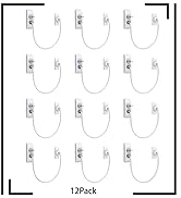 Set of six white window locks or restraints with flexible cables. The devices are arranged in two rows within a simple frame, labeled as '6PACK' at the bottom.