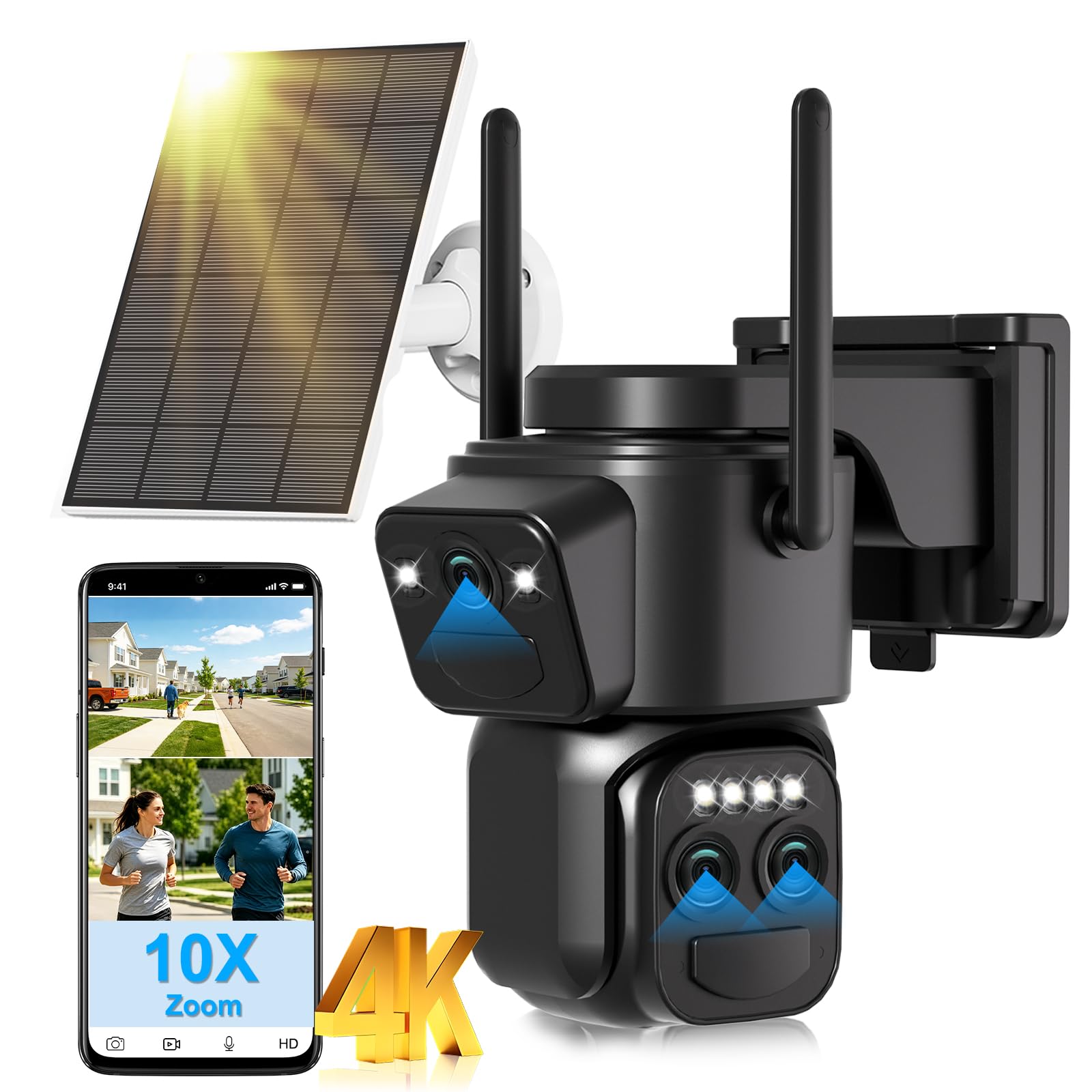 10X Zoom 4K Solar Outdoor Security Camera Wireless 2.4G WiFi with 3 Lens | 360° PTZ