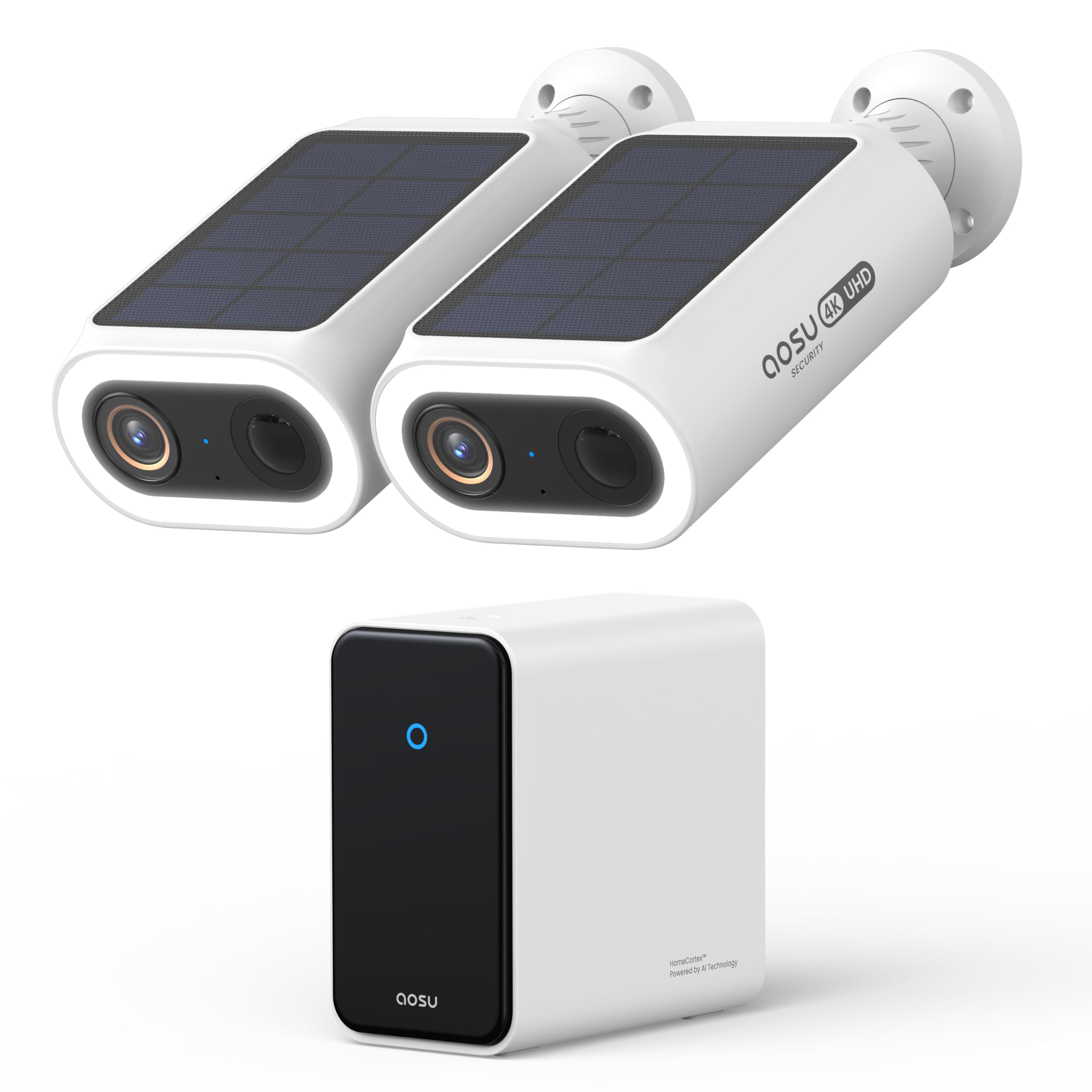 AOSU 4K UHD AI Security Camera Outdoor Solar Battery 2-Cam Kit with HomeCortex Smart Face Recognize Behavior Analysis Person/Vehicle/Animal Detection 32GB Local 16TB Expandable Color Night Vision IP65