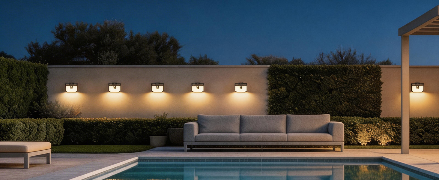 Outdoor patio setting at dusk featuring modern lounge seating, concrete pool deck, and landscape uplighting along privacy hedging in background.