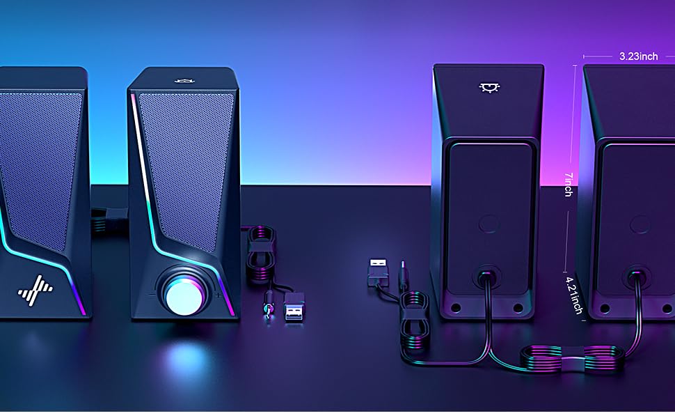 Computer equipment silhouettes against blue and purple gradient background. Shows desktop monitors, towers, and peripherals in dark tones against colorful neon-lit setting.