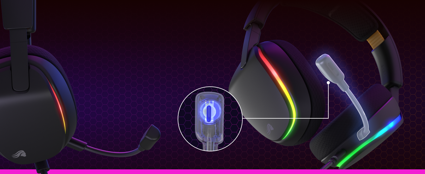 Gaming headset with RGB lighting shown from multiple angles, highlighting illuminated sections in rainbow colors against dark background.