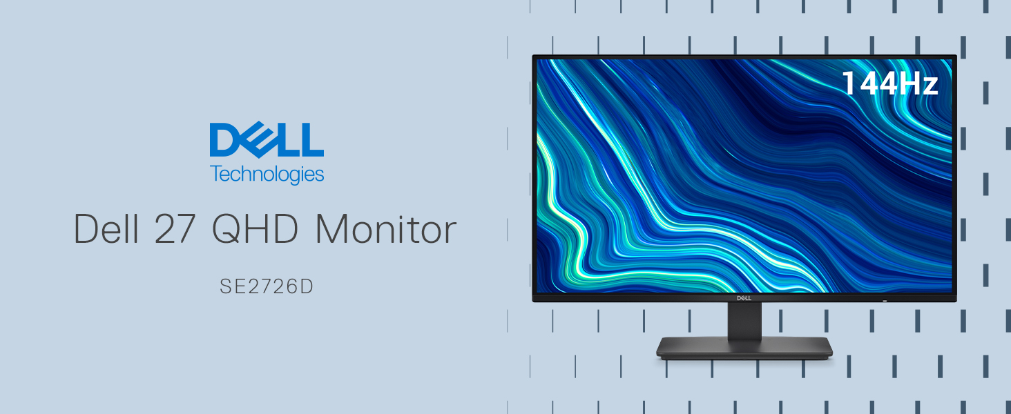 Text reads 'Dell', 'Dell 27 QHD Monitor', and 'S2721DGF'. Dell 27-inch QHD monitor front display showing blue abstract wallpaper on screen with ruler measurement scale.