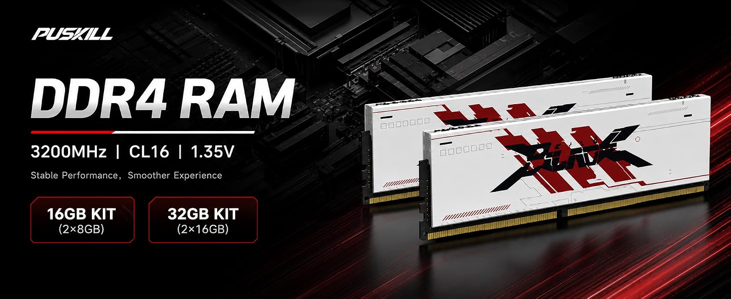 Text reads 'FUBULL DDR4 RAM 3200MHz | CL16 | 1.35V' with '16GB KIT' and '32GB KIT' specifications. Two RAM sticks with red XXX branding displayed against black background.