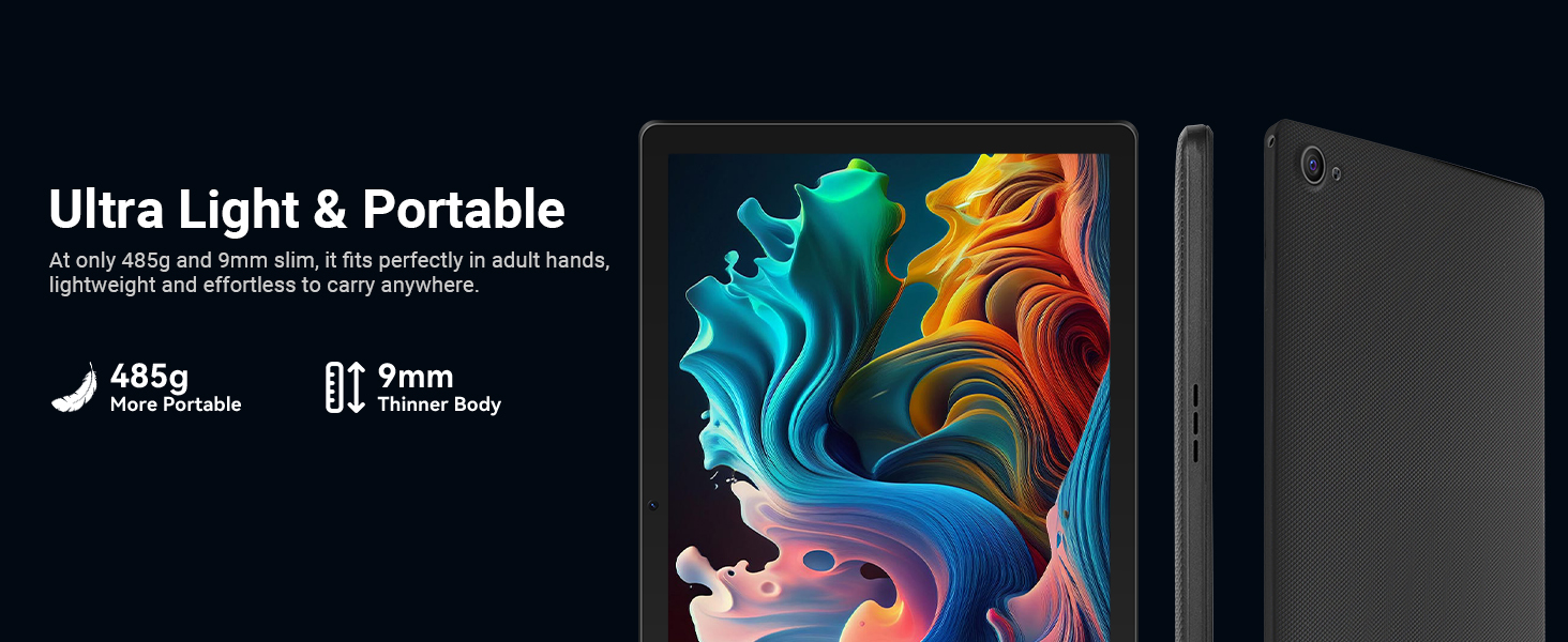 Text reads 'Ultra Light & Portable' with additional taglines mentioning features. Display shows colorful abstract designs on tablet screens with black stylus pen and dark device casing showcased against vibrant backgrounds.