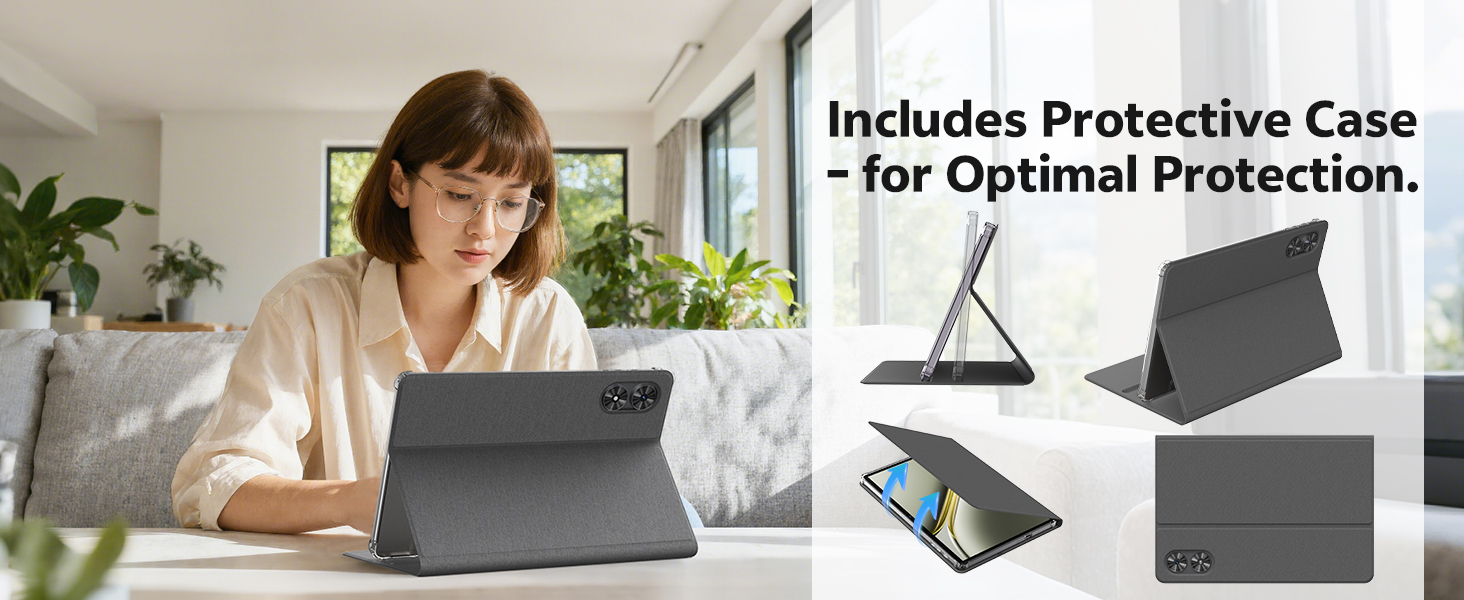 Text reads 'for Optimal Protection.' Product appears to be a dark protective case or cover shown from multiple angles with device compatibility illustrations.