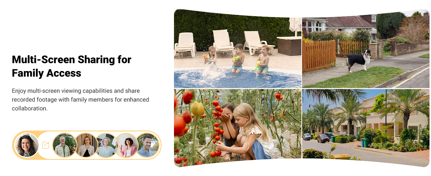 Composite image showcasing multi-screen sharing feature. Includes outdoor scenes, family activities, and user profile icons, demonstrating various potential use cases for the technology.