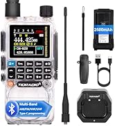 Neon green handheld radio with color display, keypad, and accessories including antenna, battery, charger, and USB cable. Features 8 bands and Bluetooth connectivity.