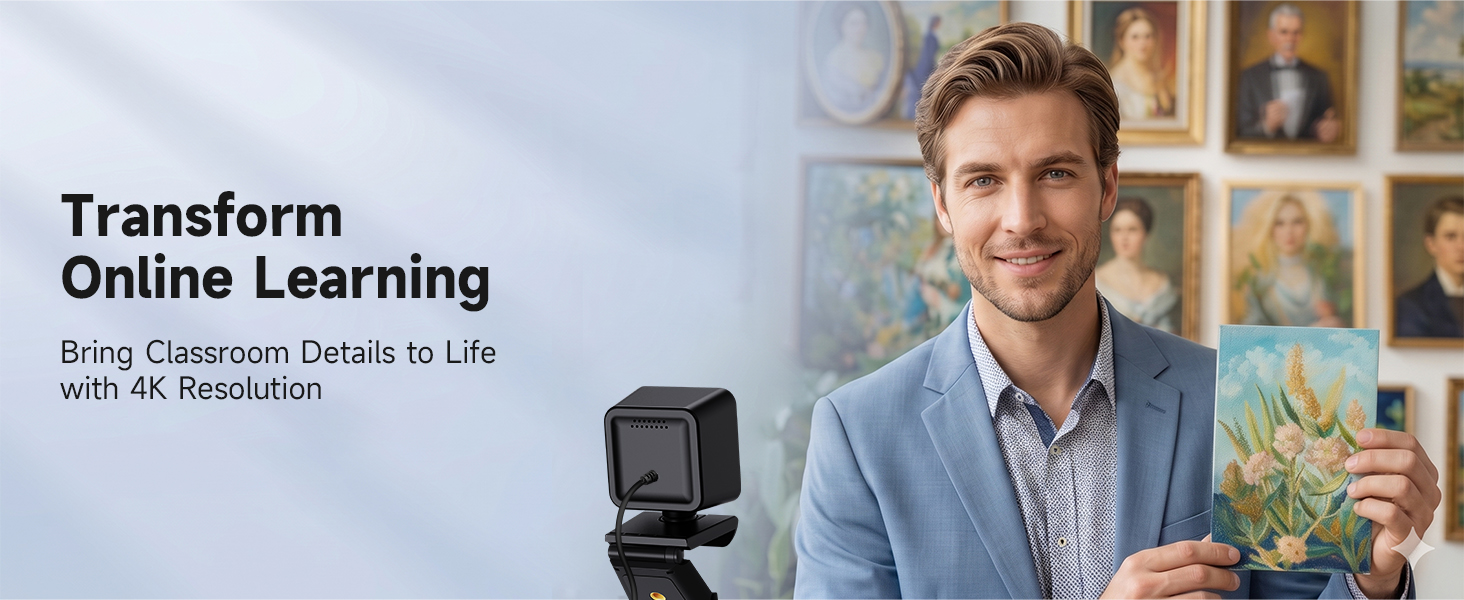 Text reads 'Transform Online Learning' and 'Bring Classroom Creativity to Life with AI Simulation'. Man in blue shirt smiling at camera in home office setting with camera/device visible.