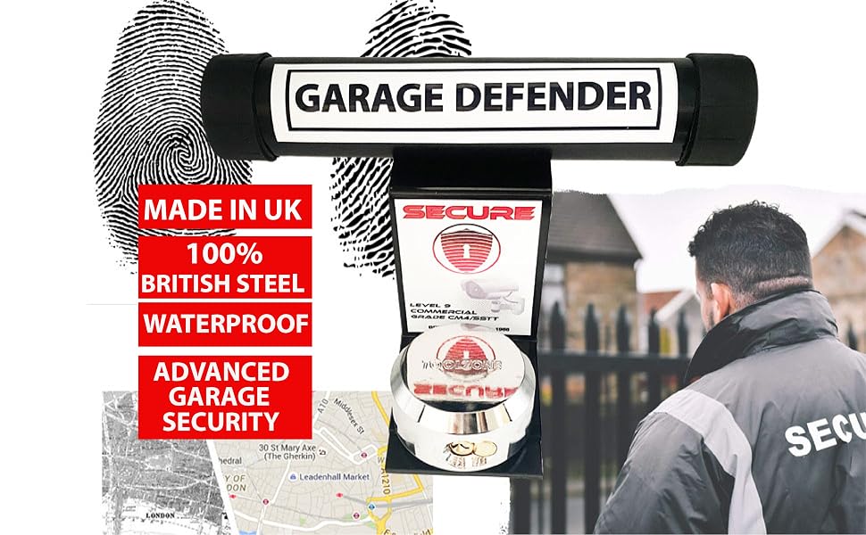 White garage door with security message: 'DETER BREAK-INS SECURE GARAGE PROTECT YOUR PROPERTY'. Small 'GARAGE DEFENDER' sign visible.