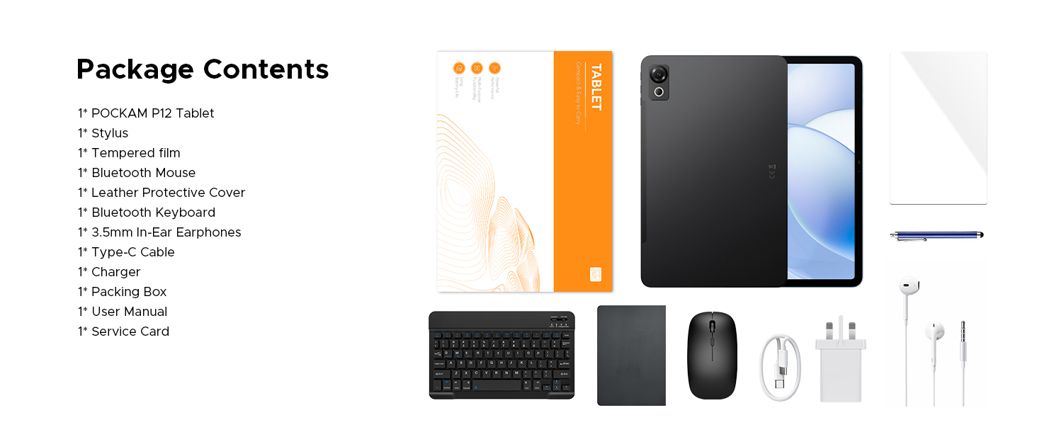 Text reads 'Package Contents'. Product layout showing tablet or iPad accessories including keyboard, stylus, and cables arranged systematically.