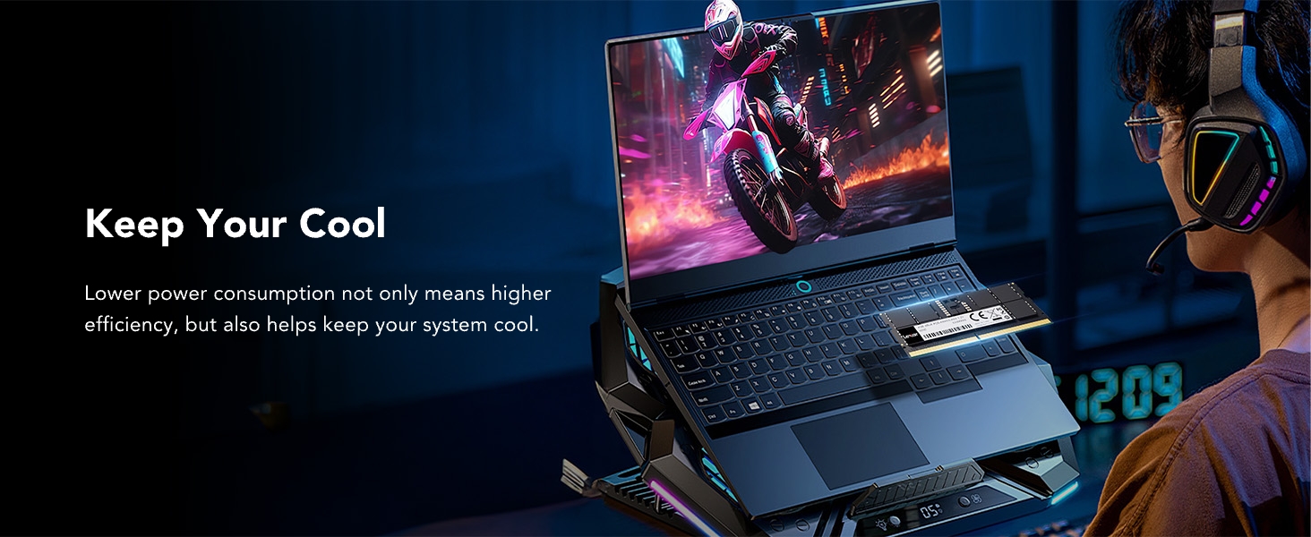Gaming laptop with illuminated keyboard on dark surface. Nearby gaming headset. Text 'Keep Your Cool' suggests focus on thermal management.