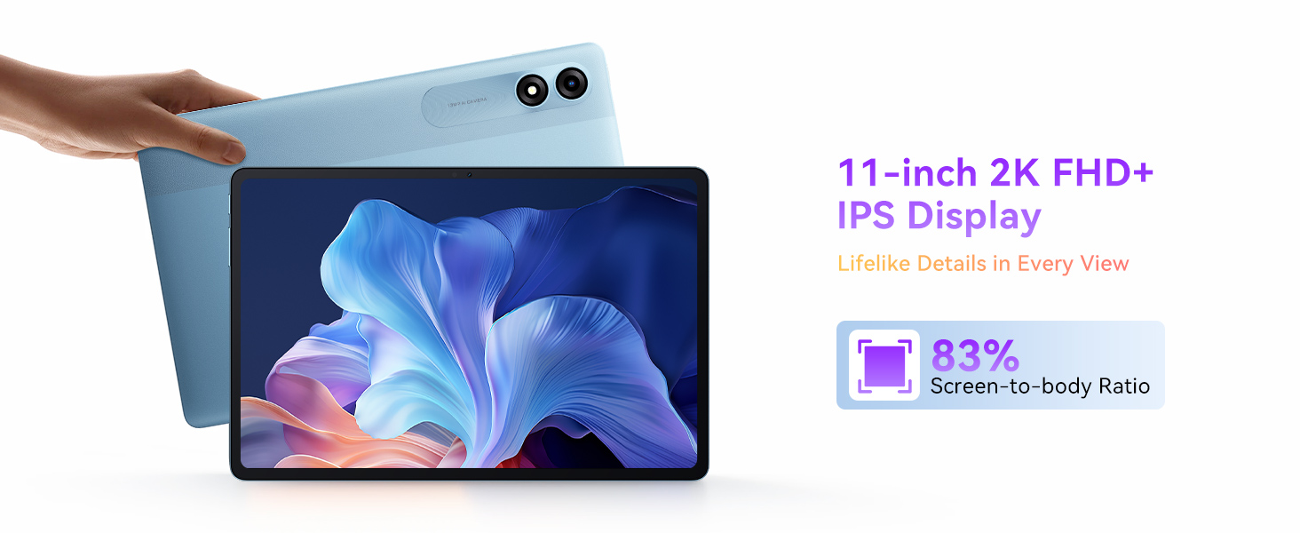 Text reads: '13-inch 2K FHD+ IPS Display'. Shows device display featuring vibrant blue and purple abstract design.