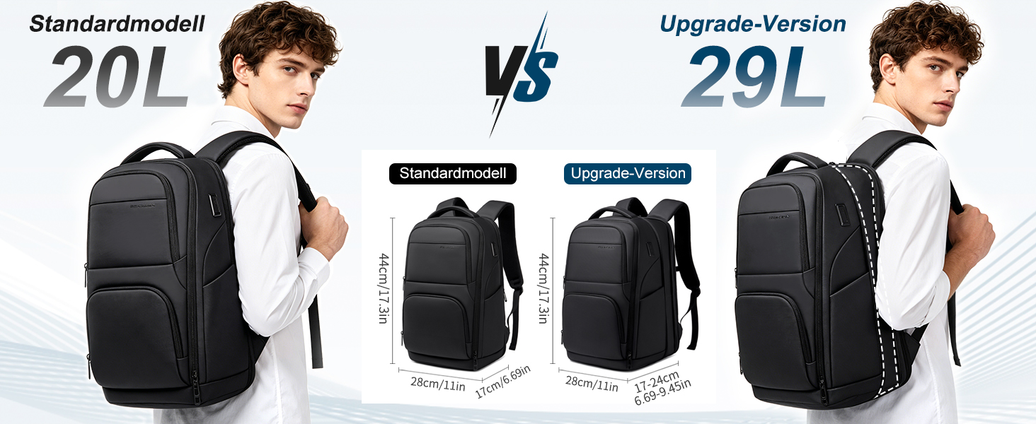 Text reads 'Standardmodell 20L' and 'Upgrade-Version 29L'. Backpack comparison image showing two black models side-by-side worn by children, with capacity specifications and structural detail callouts.