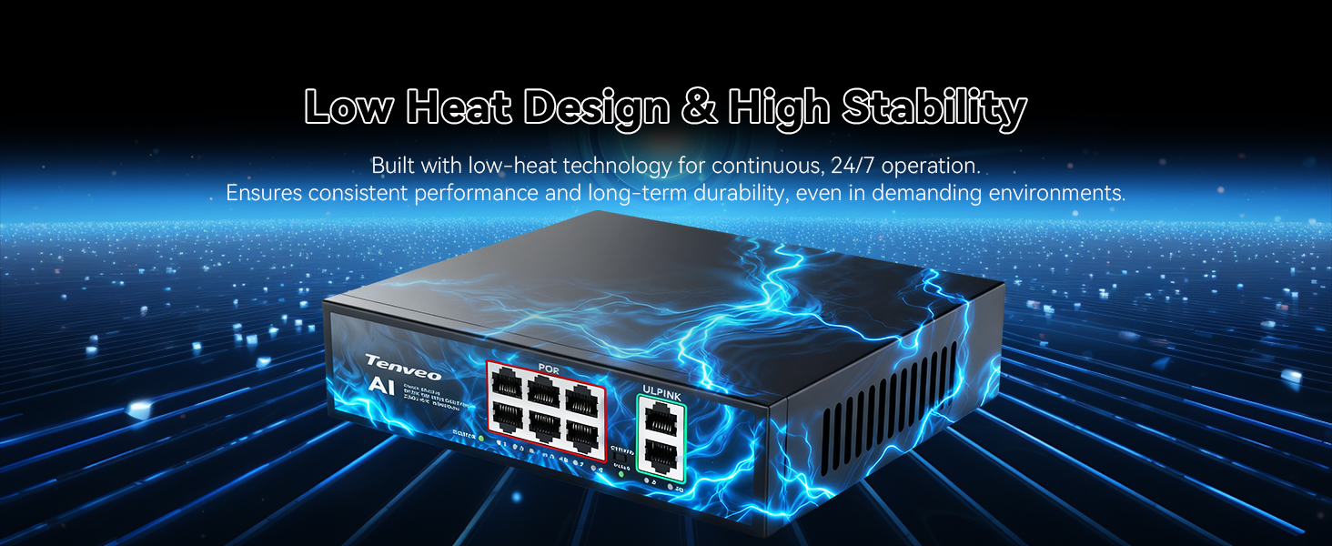 Text reads 'Super Durable Industrial & High Stability'. Industrial network server or gateway device with blue casing, multiple ethernet ports, mounted on digital circuit board background illustration.