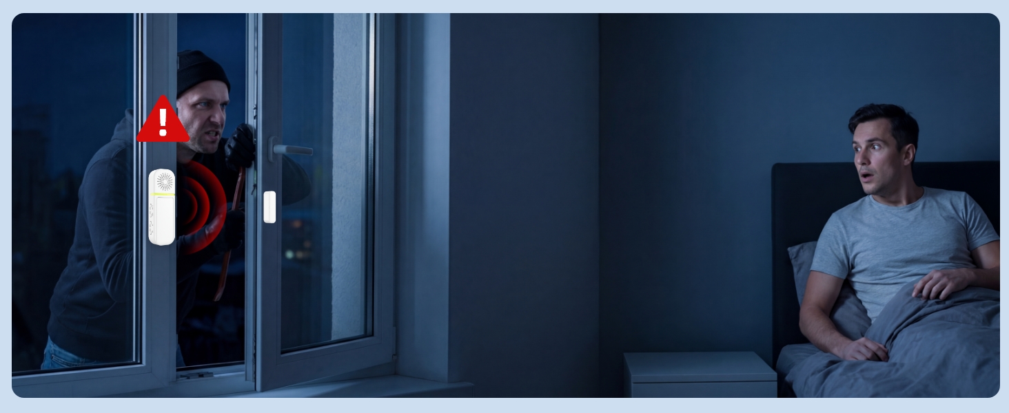 Person in light blue shirt sitting on bed in bedroom with modern interior, red fire extinguisher visible mounted on dark blue wall in background.