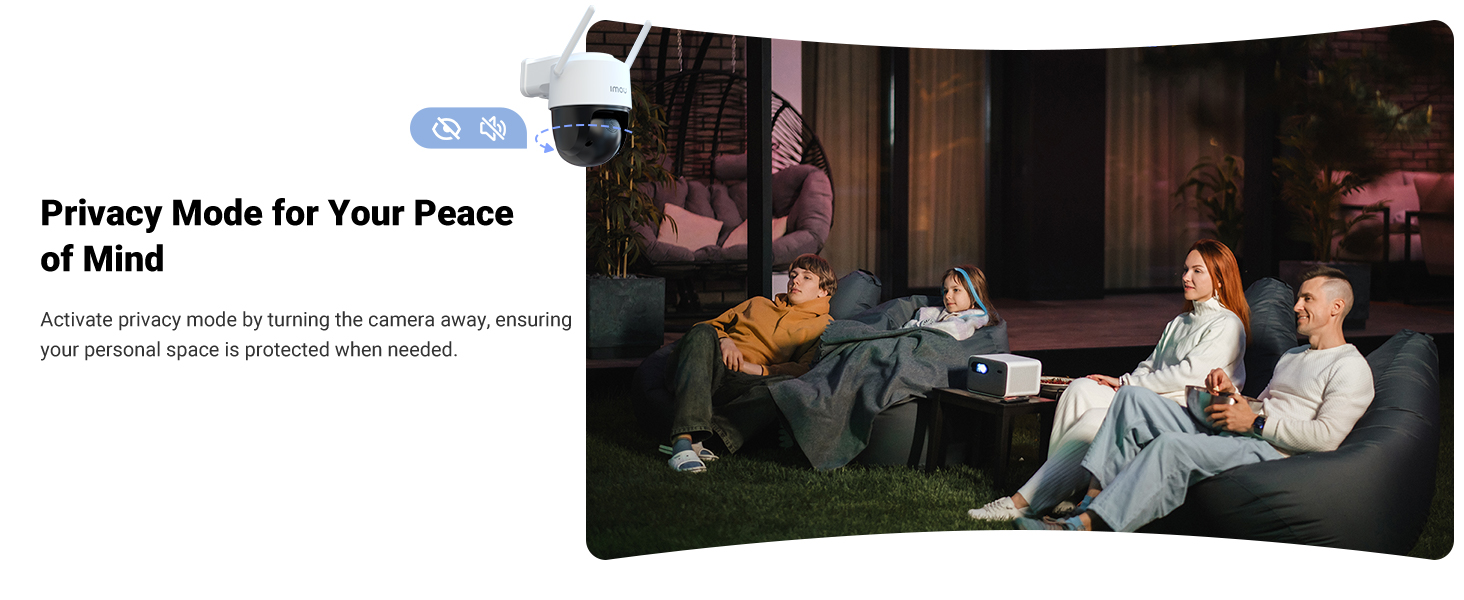 Security camera with text highlighting privacy mode feature. Image shows people relaxing in a living room setting, demonstrating the camera's ability to protect privacy.