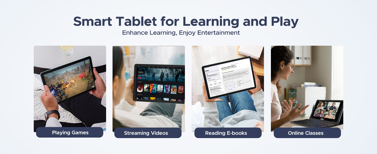 Text reads 'Smart Tablet for Learning and Play' with subtitle 'Kids Educational Tablet'. Composite showing tablet device used in four scenarios: child using tablet outdoors, child viewing educational content, tablet displaying learning app, and tablet in home setting.