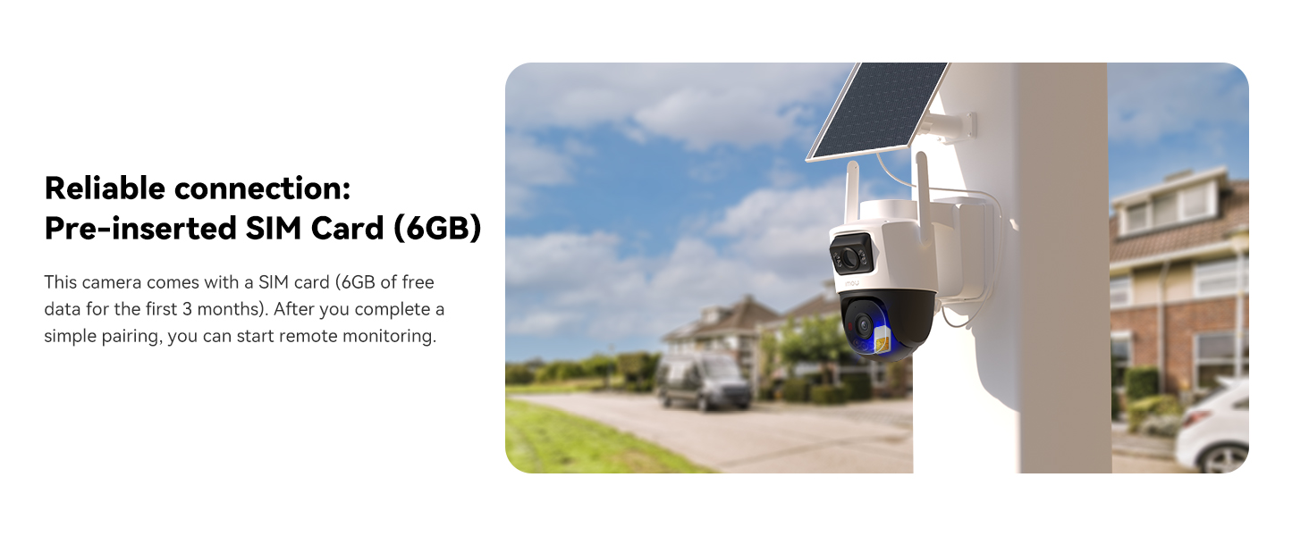 Text reads 'Reliable connection: Pre-inserted SIM Card (4GB)'. Series of exterior house photos demonstrating security camera coverage and connectivity features.