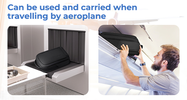 Text reads 'Can be used and charged when travelling by aeroplane'. Multiple panels showing device being used on airplane tray table.