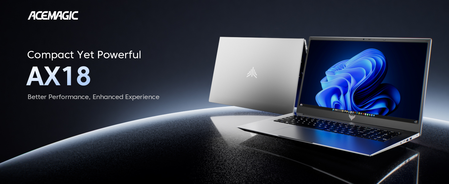 Text reads 'AX18' and 'Compact Yet Powerful'. Product marketing images showing black electronic device with blue lighting effects against dark background.