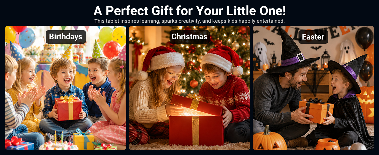 Text reads 'A Perfect Gift for Your Little One!' Three panels showing children celebrating Birthdays, Christmas, and Easter with gift-giving scenes and warm festive lighting.