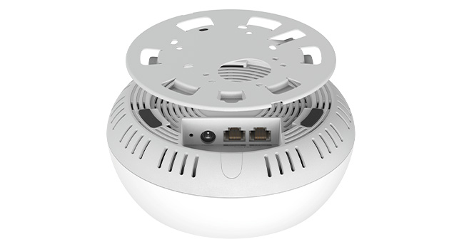 Text reads 'Ceiling Mount', 'Wall Mount', 'Tabletop'. Multiple views of a white circular device shown in different mounting positions and angles.