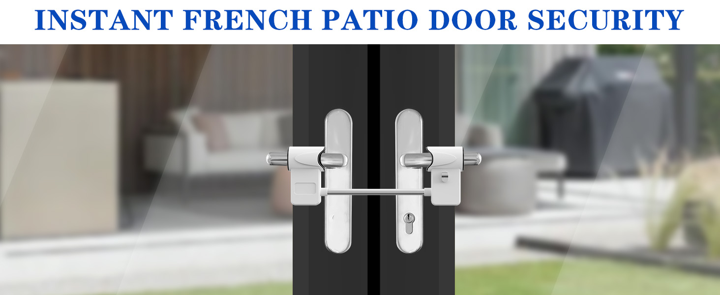 Text reads 'INSTANT FRENCH PATIO DOOR SECURITY'. Technical diagram showing security locking mechanism components for a patio door system.