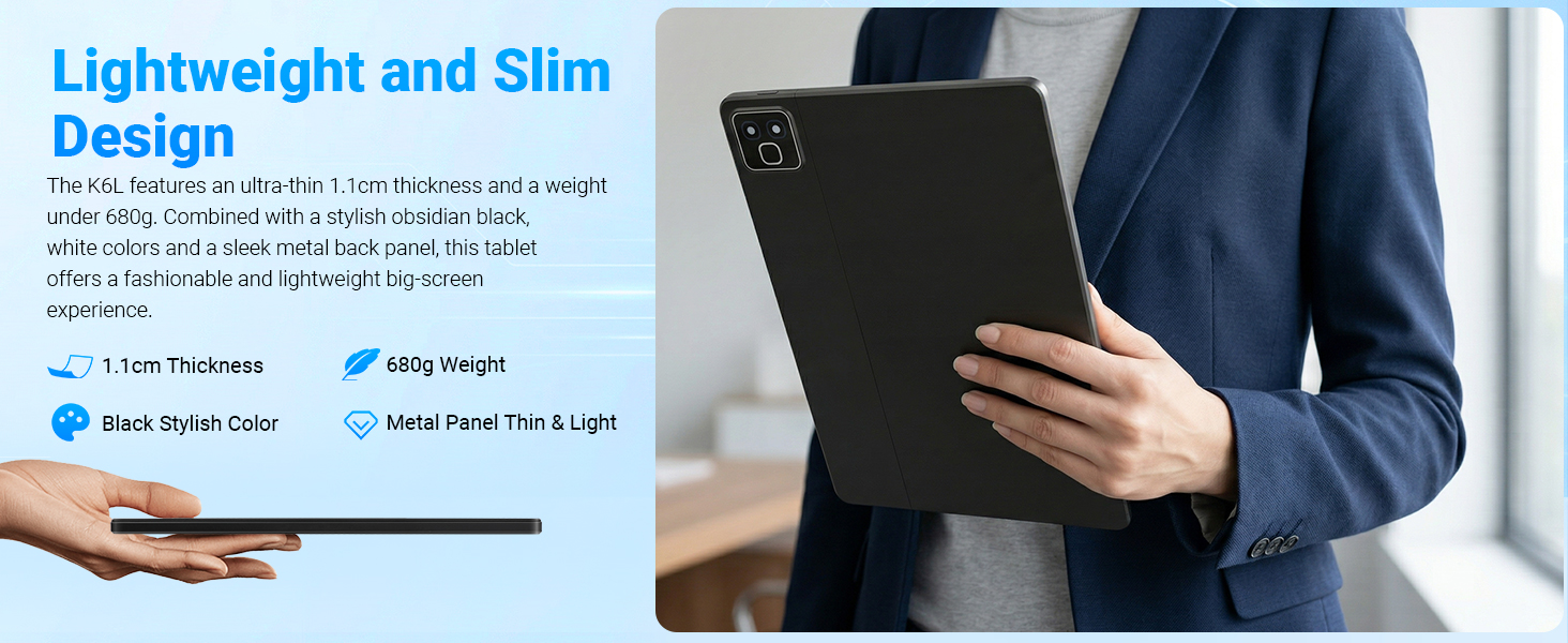 Text reads 'Lightweight and Slim Design' with German text about slim profile and durability. Black smartphone displayed in hand showing front and back views with blue accent details.